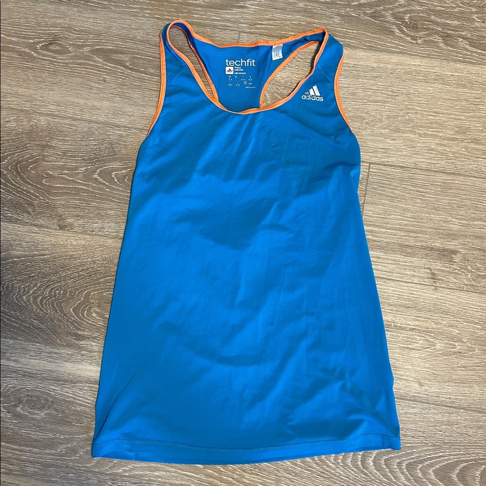 adidas Blue Racerback Techfit Tank with Orange Trim - Size L